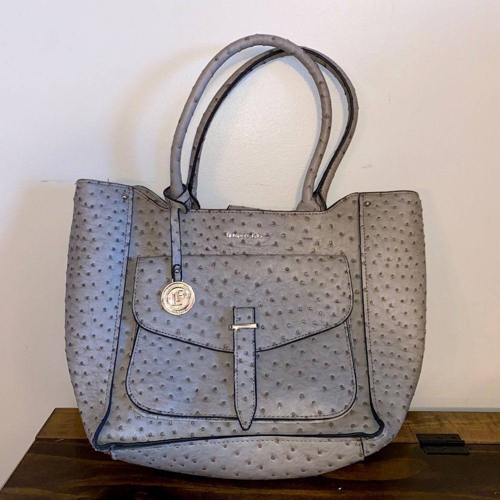 London Fog Faux Leather Ostrich Embossed Womens Shoulder Purse Bag Grey